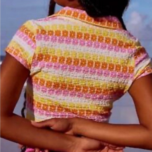 Free People Floral Mod Cropped Polo Top Babe Town Retro 60s Boho Large - Picture 4 of 6